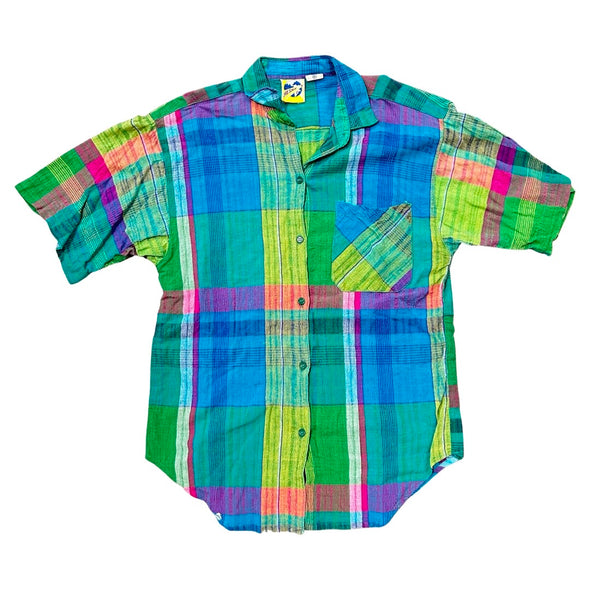 Vintage Textured Plaid Short Sleeve Button-Up (M)