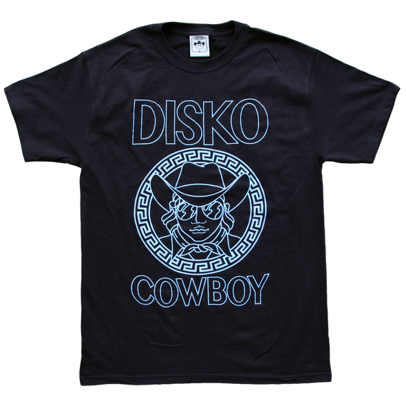 "Versayce Cowboy" by Vinyl Ranch is printed in glowing powder blue ink on a classic black tee. Check out the full Disko Cowboy Collection