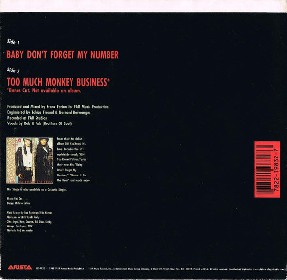 Milli Vanilli : Baby Don't Forget My Number (7", Single)