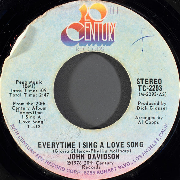 John Davidson : Everytime I Sing A Love Song (7", Single)