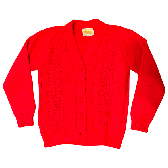 Vintage Cherry Red Cable Knit Cardigan (M)