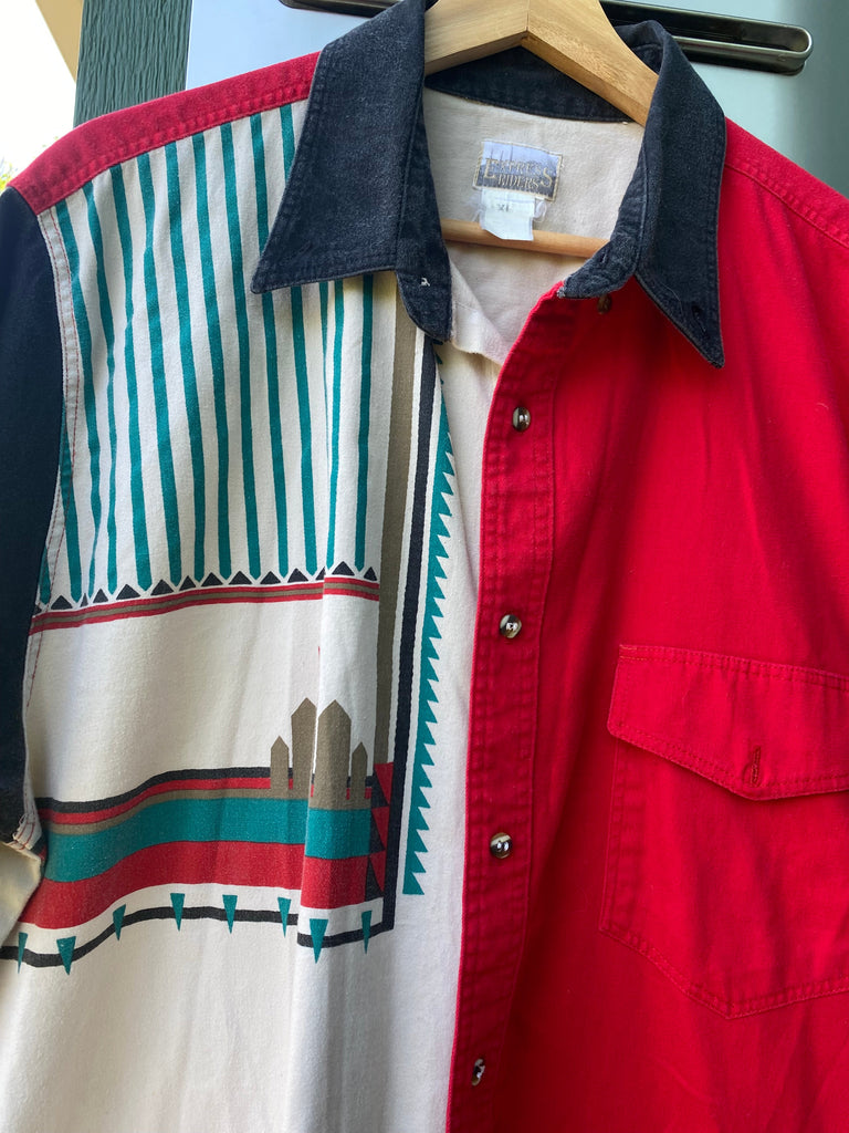 Vintage 90s Express Riders Western Aztec Short Sleeve Button-Up (XL)