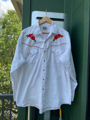 Vintage 90s Distressed Rose Embroidered Pearl Snap Button-Up (XL)