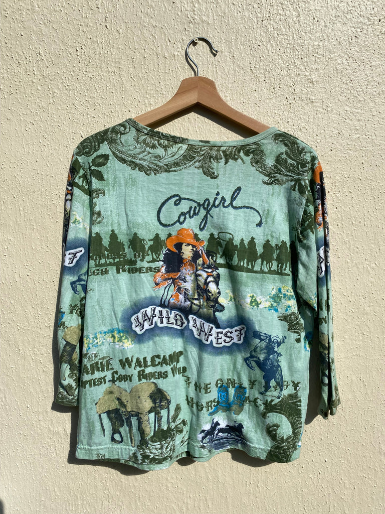 Y2K Cowgirl Wildwest Diamond Print Cropped Tee (M/L)