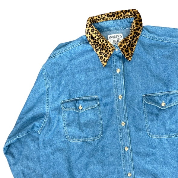 Vintage 90s Cheetah Collar Denim Shirt