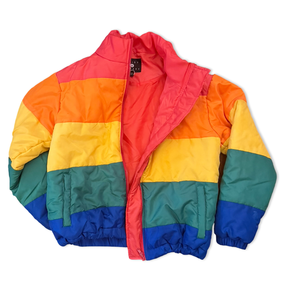 Y2K Rainbow Color Block Puff Bomber