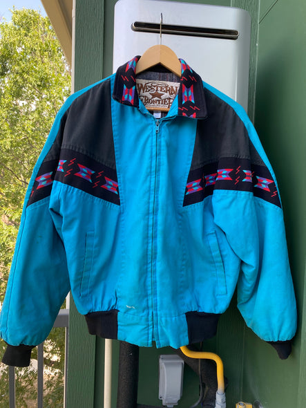 80s Western Frontier Aztec Blanket-Lined Bomber Jacket (L)