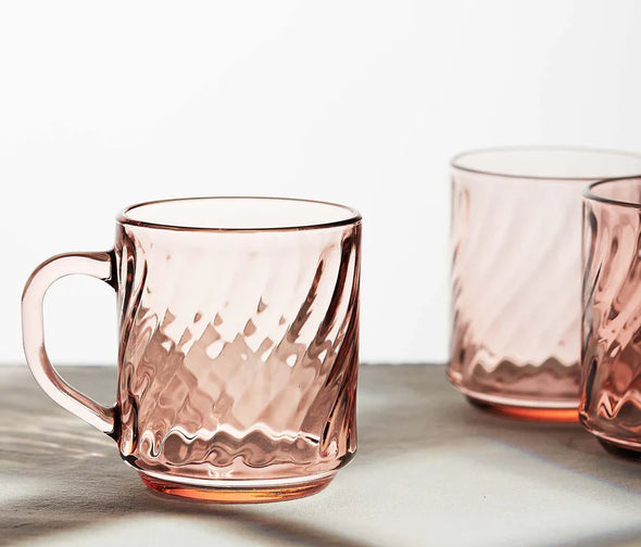 Arcoroc France Pink Swirl Glass Mug Set