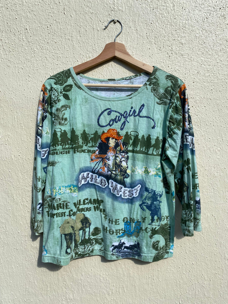 Y2K Cowgirl Wildwest Diamond Print Cropped Tee (M/L)
