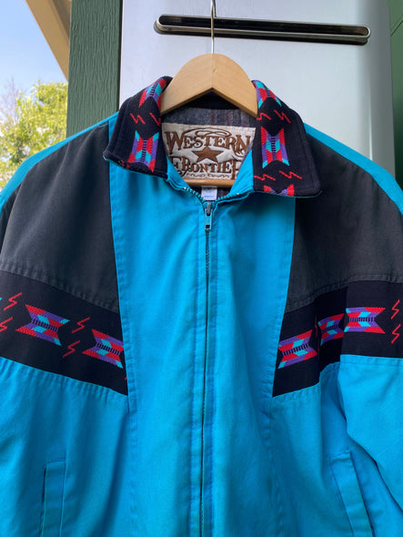 80s Western Frontier Aztec Blanket-Lined Bomber Jacket (L)