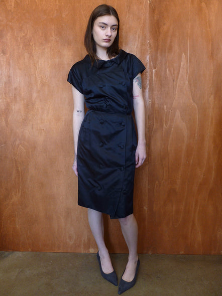 Navy Satin Double-Button Dress (S)