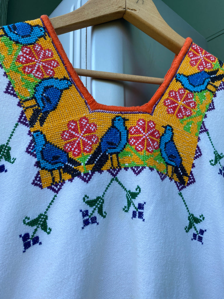 Vintage 70s Oaxacan Embroidered Cotton Poncho Dress (M/L)