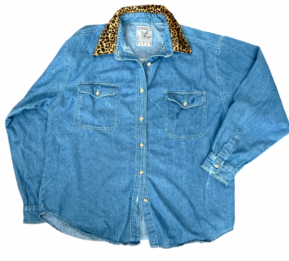 Vintage 90s Cheetah Collar Denim Shirt