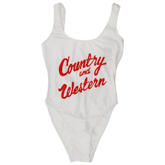 The iconic "Country & Western" bodysuit by Vinyl Ranch. Classic red graphic printed on a white bodysuit.