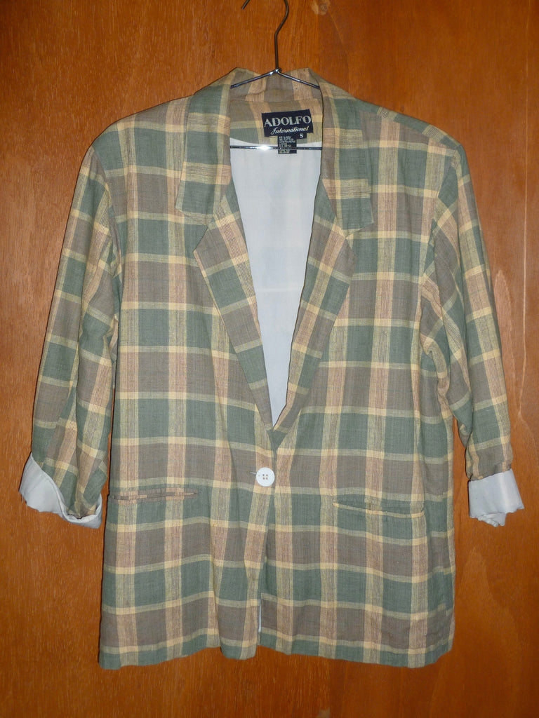 Moss Plaid Linen-Blend Blazer (S)