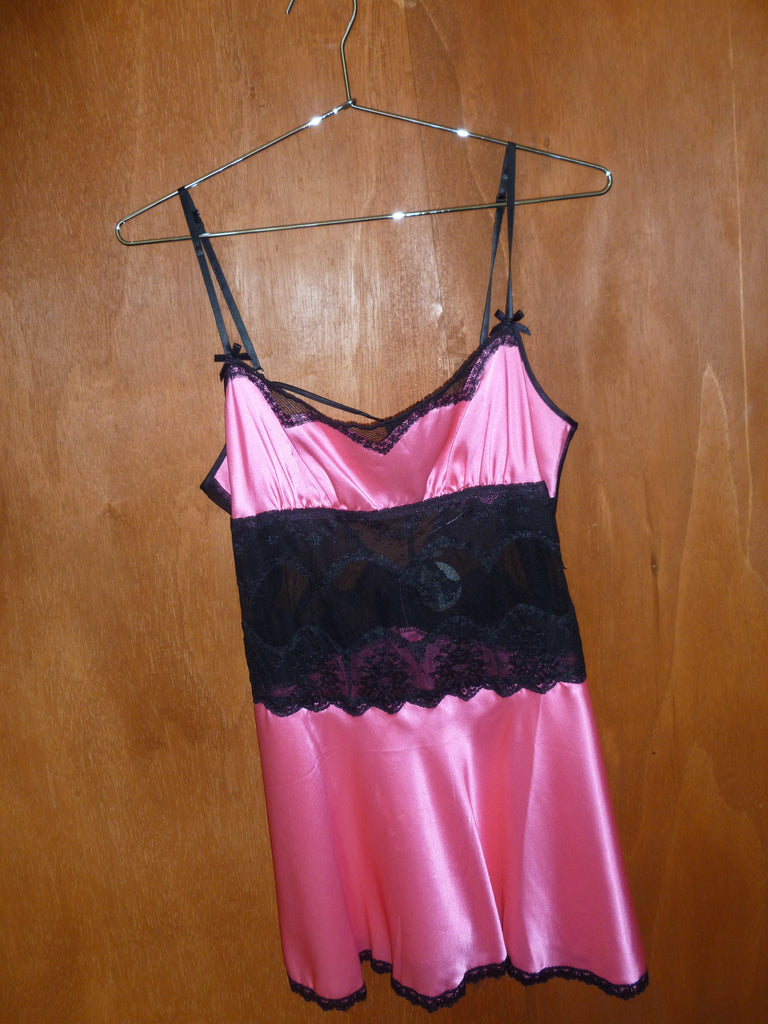 Pink & Black Lace Detail Slip Babydoll (L)