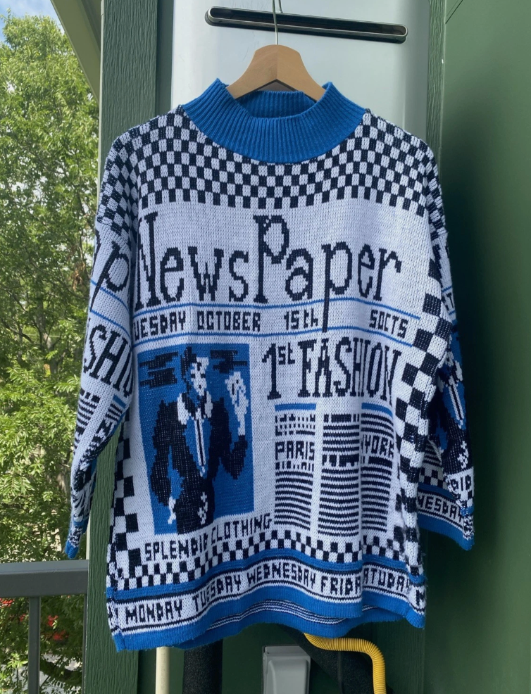 80s Vintage Katie Pop Blue White Newspaper Print Thick Pullover Sweater Sz M/L