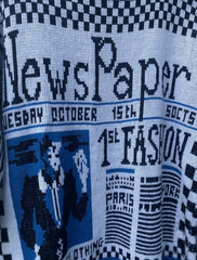 80s Vintage Katie Pop Blue White Newspaper Print Thick Pullover Sweater Sz M/L