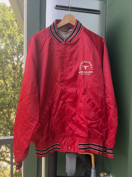 70s Vintage Grand National Cow Palace Rodeo Red Satin Bomber Size XL