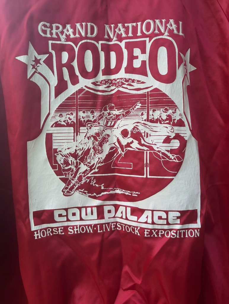 70s Vintage Grand National Cow Palace Rodeo Red Satin Bomber Size XL