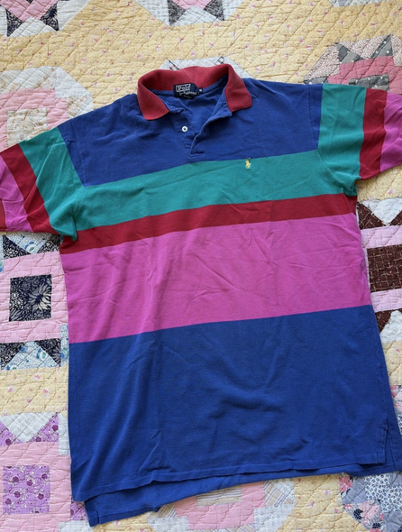 Rare Vintage RALPH LAUREN Made in USA Block Striped Polo Shirt 90s Pastel XL