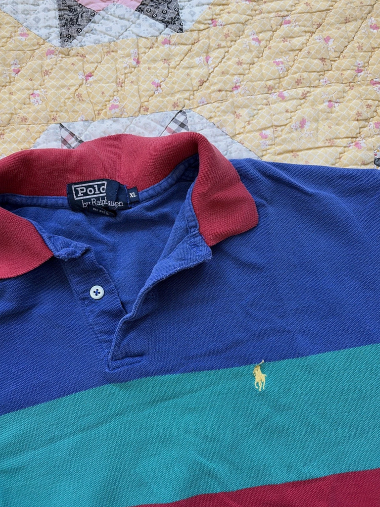 Rare Vintage RALPH LAUREN Made in USA Block Striped Polo Shirt 90s Pastel XL