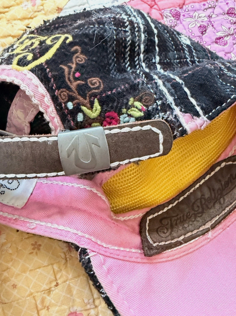Y2K True Religion Distressed Pink & Plaid Adjustable Ball Cap Hat