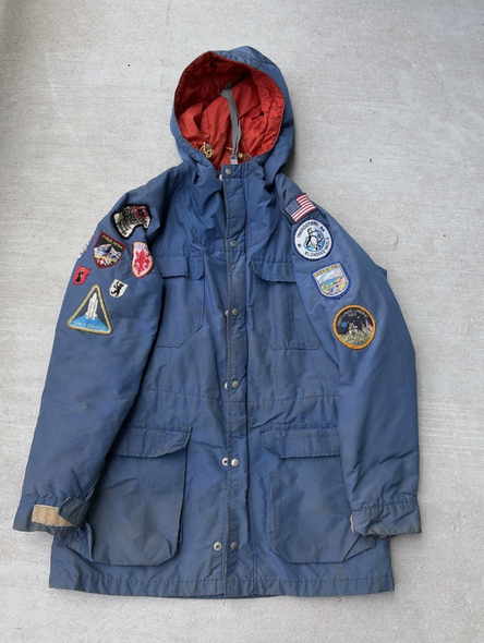 VTG Patchwork Sierra Jacket Mens Small Blue 60/40 Parka Hooded Made USA 70s