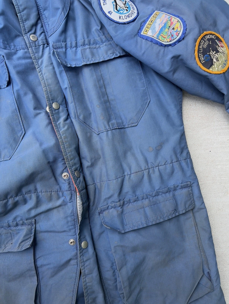VTG Patchwork Sierra Jacket Mens Small Blue 60/40 Parka Hooded Made USA 70s
