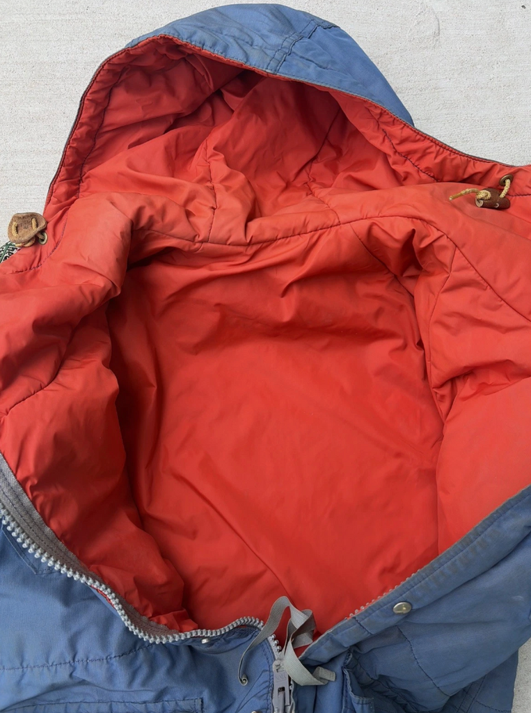 VTG Patchwork Sierra Jacket Mens Small Blue 60/40 Parka Hooded Made USA 70s