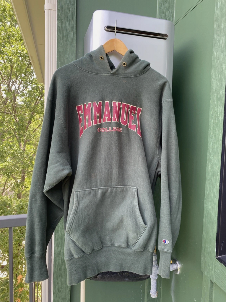 VTG 90s Emmanuel College Green Champion Reverse Weave Hoodie Sweatshirt Sz XXL