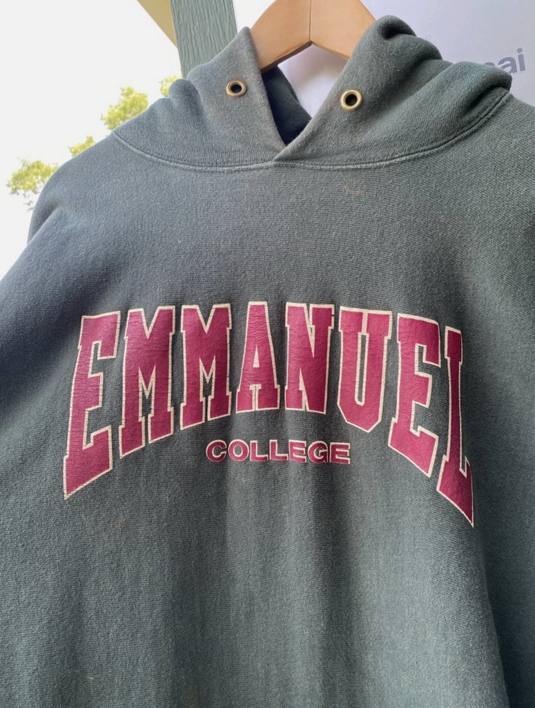 VTG 90s Emmanuel College Green Champion Reverse Weave Hoodie Sweatshirt Sz XXL