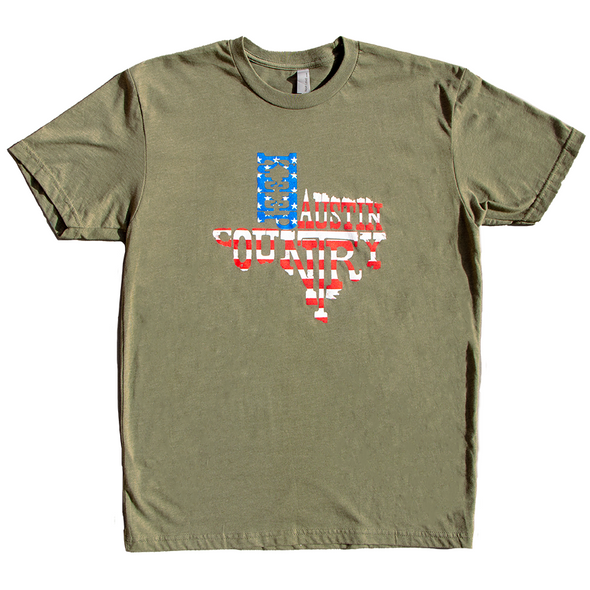 Keep Austin Country  - Red, White. & Blue TX Tee - Military Green