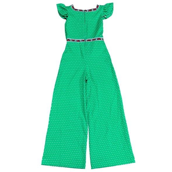 1970's Green Polka Dot Poly Jumpsuit w/ Ribbon Trim