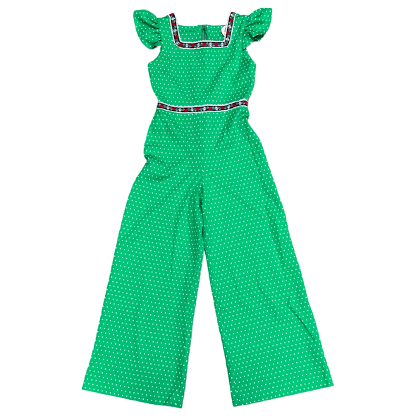 1970's Green Polka Dot Poly Jumpsuit w/ Ribbon Trim