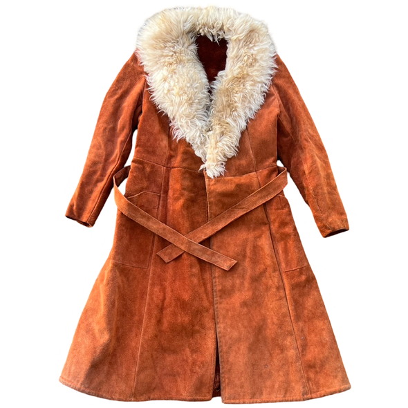 70's Penny Lane Belted Brown Suede Faux Fur Coat (M)