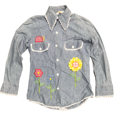 70's Embroidered Gingham Flower Patch Shirt