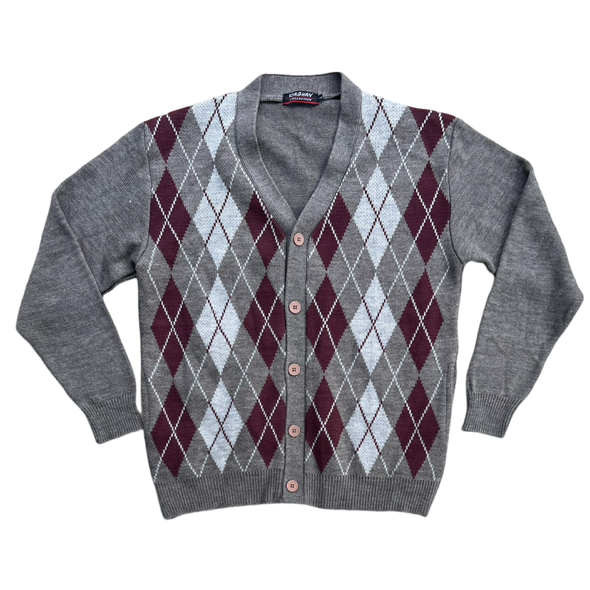 Grey & Burgundy Argyle Cardigan Sweater (L)