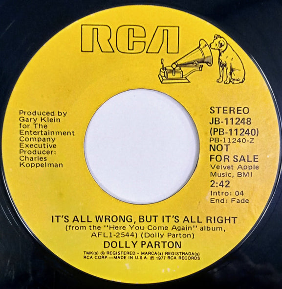 Dolly Parton : Two Doors Down / It's All Wrong, But It's All Right (7", Promo)