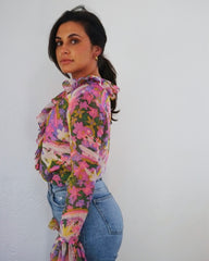 Vintage 70s Ruffle Sheer Floral Blouse (XS) - LAST CHANCE