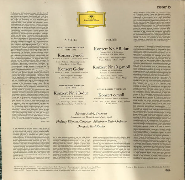 Maurice André, Münchener Bach-Orchester, Karl Richter : Konzerte Von Telemann Und Händel (LP)