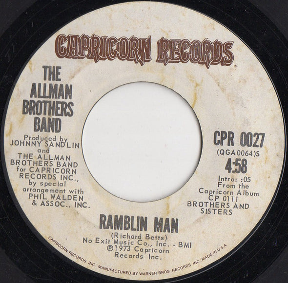 The Allman Brothers Band : Ramblin Man (7", Single, Styrene, Ter)