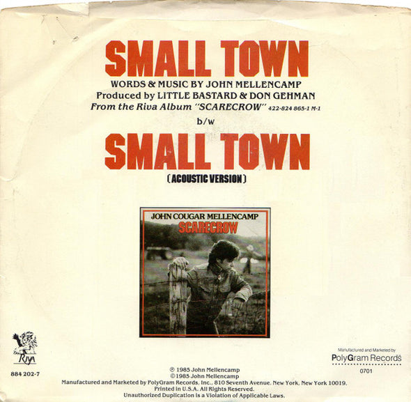 John Cougar Mellencamp : Small Town (7", Single, Styrene, PRC)