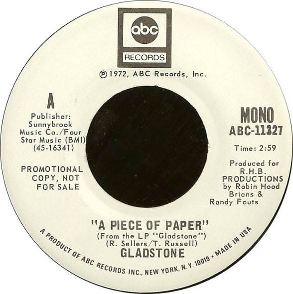 Gladstone : A Piece Of Paper (7", Single, Mono, Promo)
