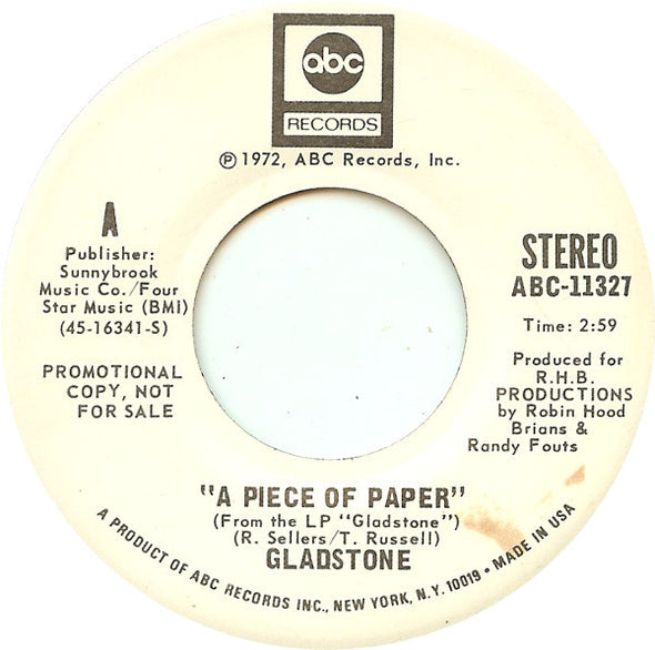 Gladstone : A Piece Of Paper (7", Single, Mono, Promo)
