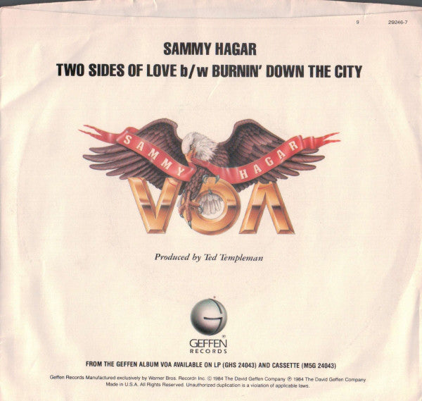 Sammy Hagar : Two Sides Of Love / Burnin' Down The City (7", Single, Red)