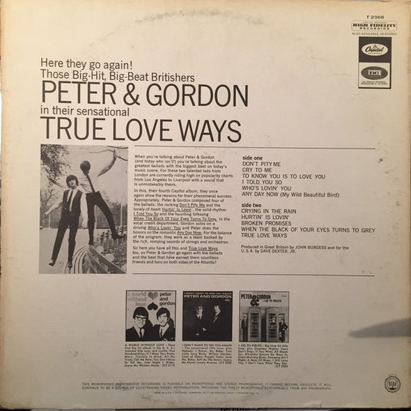 Peter & Gordon : True Love Ways (LP, Album, Mono, Scr)