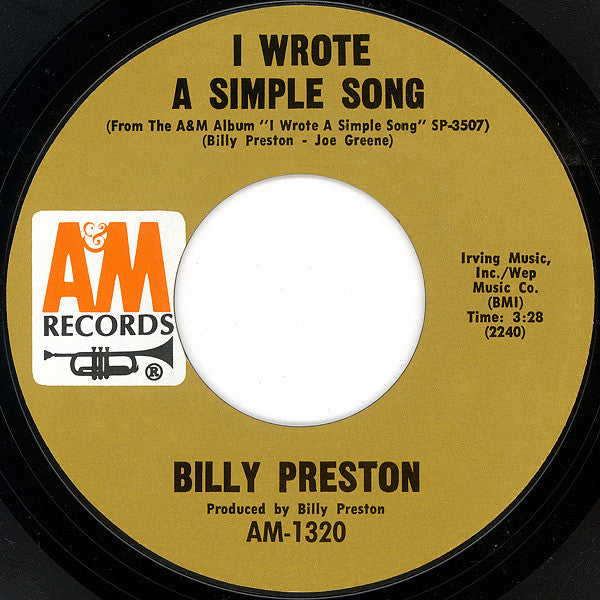 Billy Preston : Outa-Space / I Wrote A Simple Song (7", Styrene, Pit)