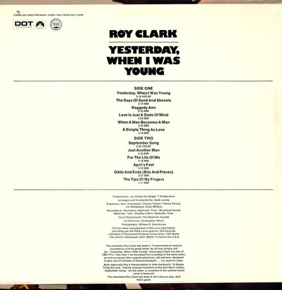 Roy Clark : Yesterday, When I Was Young (LP, Album, Jac)