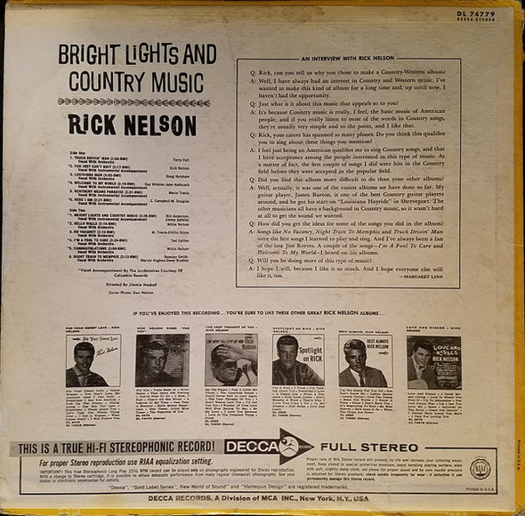 Rick Nelson* : Bright Lights & Country Music (LP, Album)